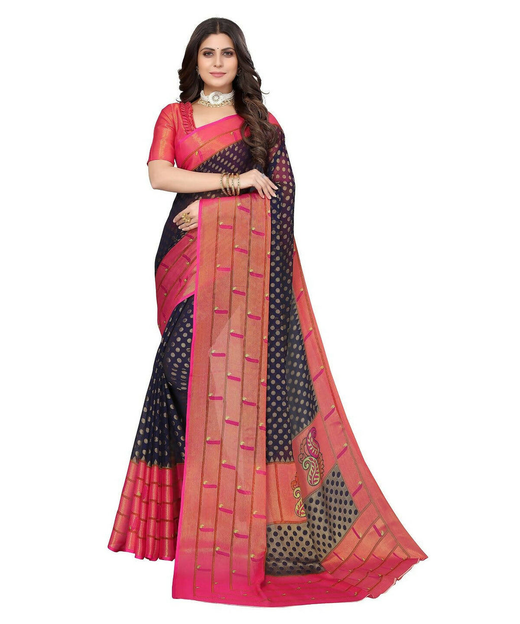 Vamika Navy Blue Chiffon Brasso Bollywood Style Woven Saree (DIMPLE NAVY) | Grocsy