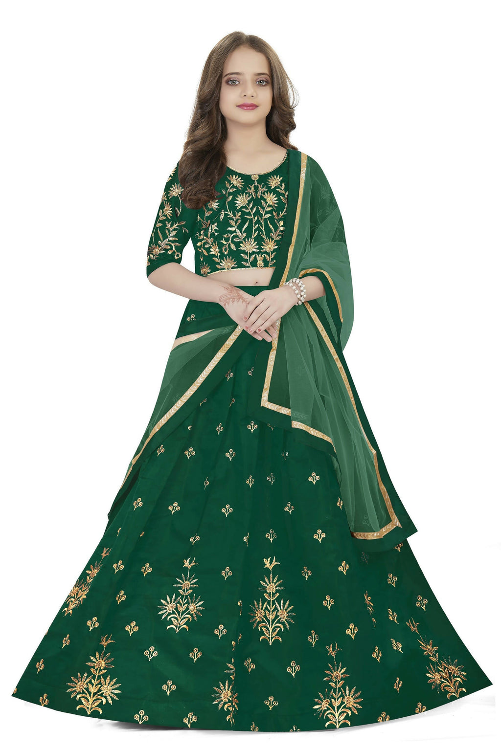 Dwiden Green Rohini Tafetta Sattin Semi-Stitched Girl's Lehenga Choli | Grocsy
