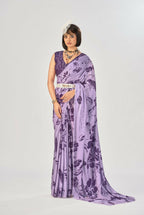Vastranavya Lavender Satin Silk Elegant Printed Saree with Unstitched Blouse | Grocsy