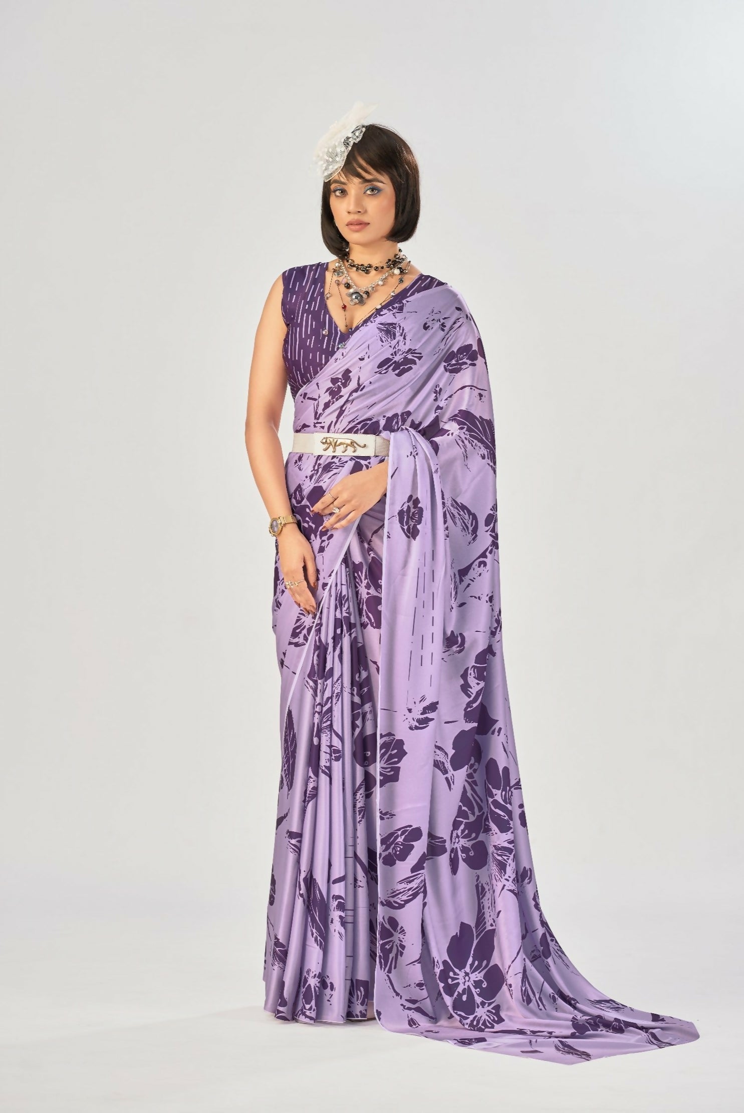 Vastranavya Lavender Satin Silk Elegant Printed Saree with Unstitched Blouse | Grocsy