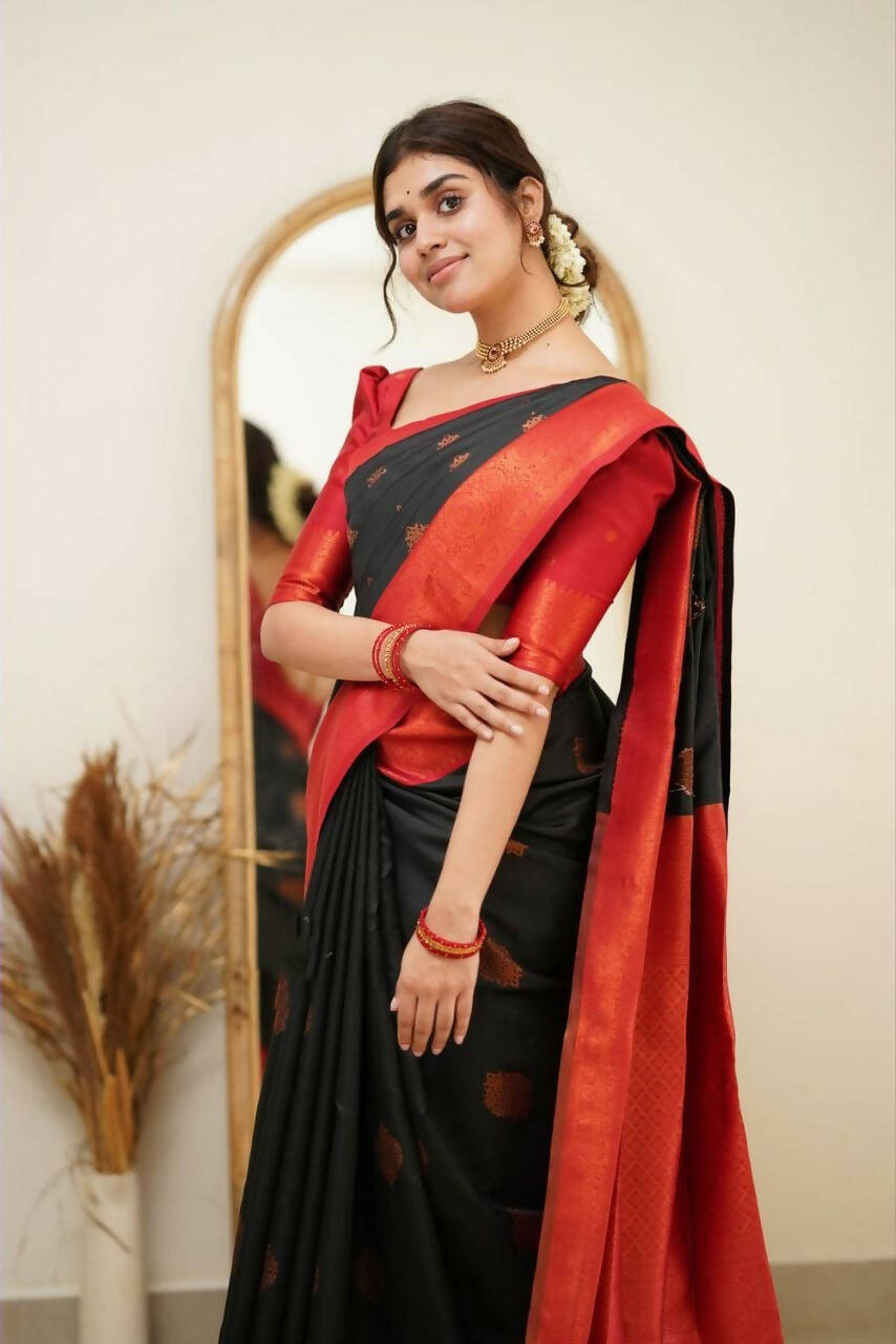 DEIANA'S Beautiful Designer Golden zari Soft Lichi Silk Saree - Black | Grocsy