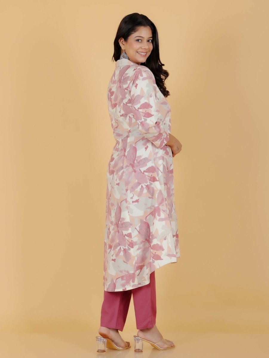 Aramya Pink Linen Cotton Foliage Print High Low Kurta Set for Women | Grocsy