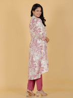 Aramya Pink Linen Cotton Foliage Print High Low Kurta Set for Women | Grocsy