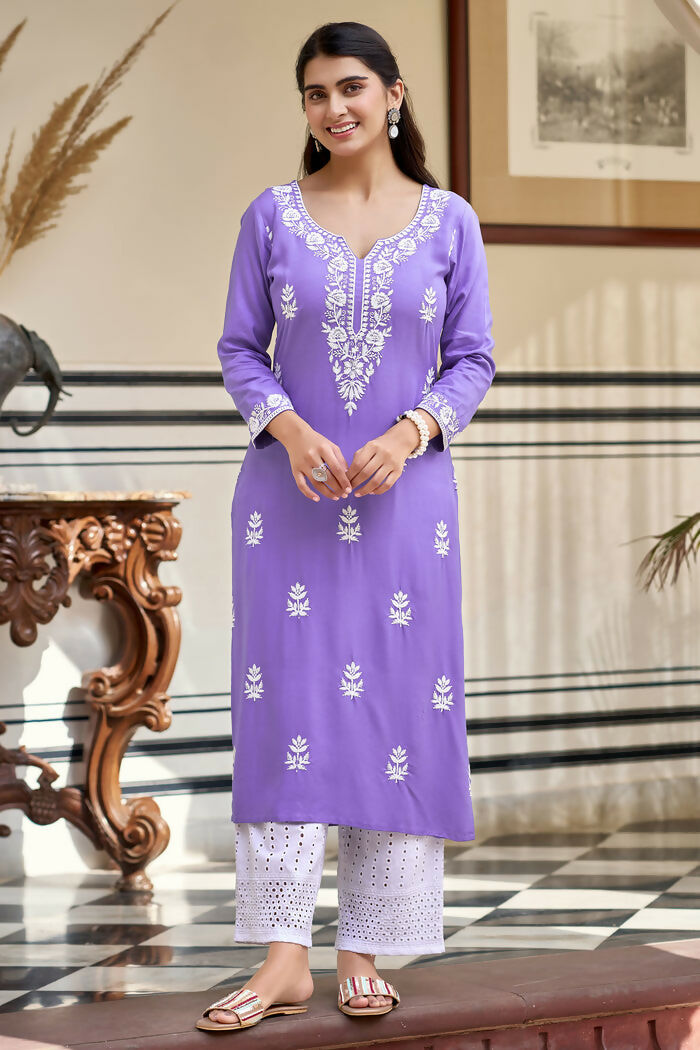 The52 Lavender Women's Gorgeous Chikankari work Pure Rayon Fabric Straight Kurta, Pant Set | Grocsy