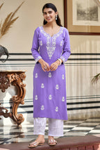 The52 Lavender Women's Gorgeous Chikankari work Pure Rayon Fabric Straight Kurta, Pant Set | Grocsy