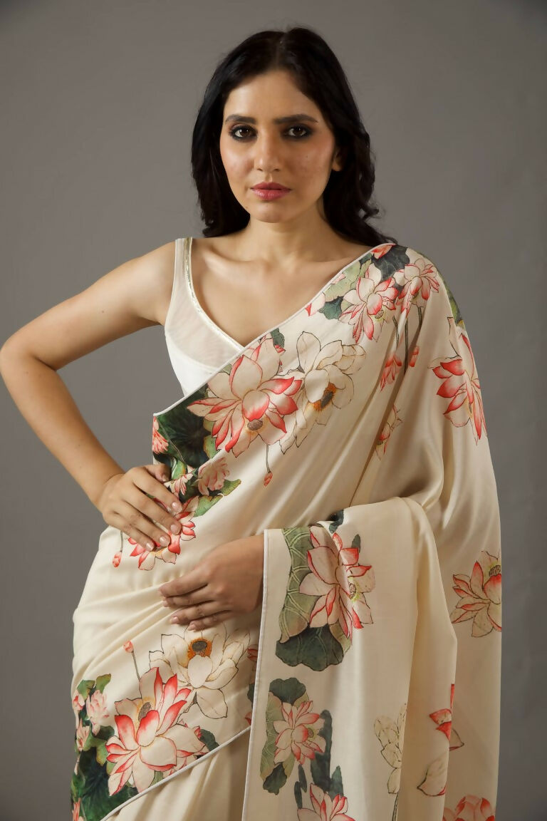 Partywear Designer Cream Bright Moss Fancy Saree - Durga | Grocsy