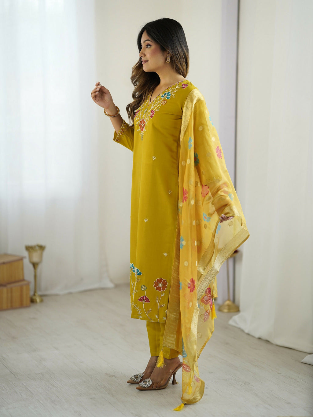 The52 Yellow Women's Gorgeous Embroidered work Viscose Gadhwal Fabric Straight Kurta, Pant and Dupatta Set | Grocsy
