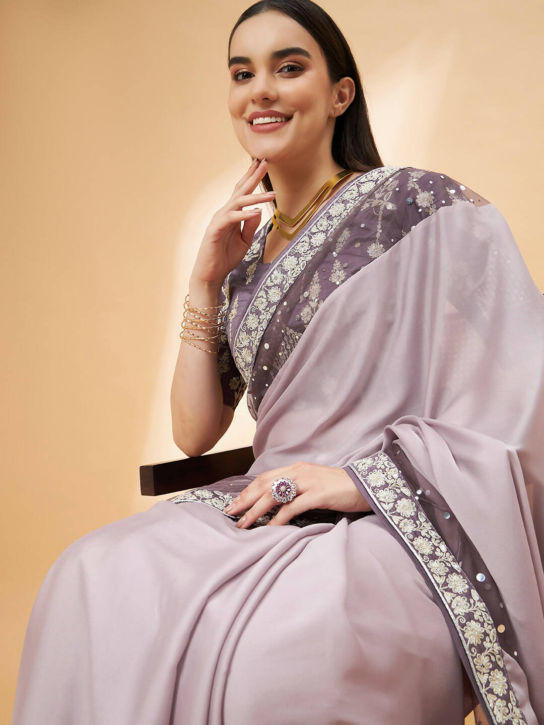 Mauve Silk Georgette Ribbon Embroidery Saree - Norita Hit Design | Grocsy