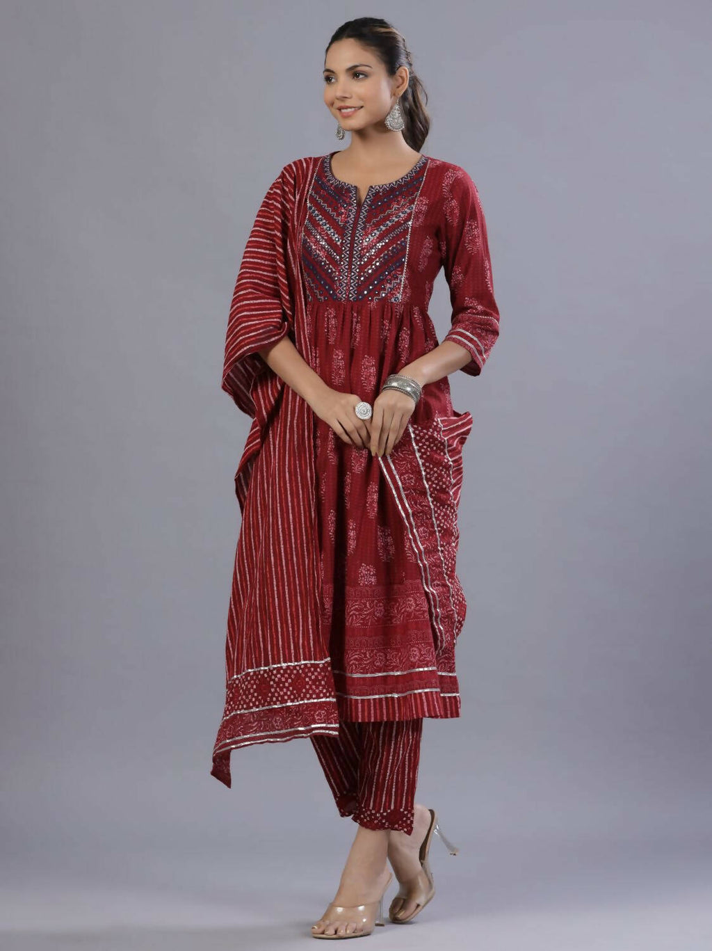 Juniper Women Maroon Cotton Cambric Batik texture Printed Kurta, Pants and Dupatta Set | Grocsy