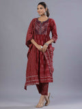 Juniper Women Maroon Cotton Cambric Batik texture Printed Kurta, Pants and Dupatta Set | Grocsy