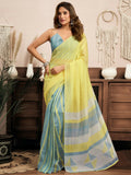 Joban Fashion Bright Yellow Striped & Geomatric Linen Ready To Wear Saree With Unstitched Blouse | Grocsy