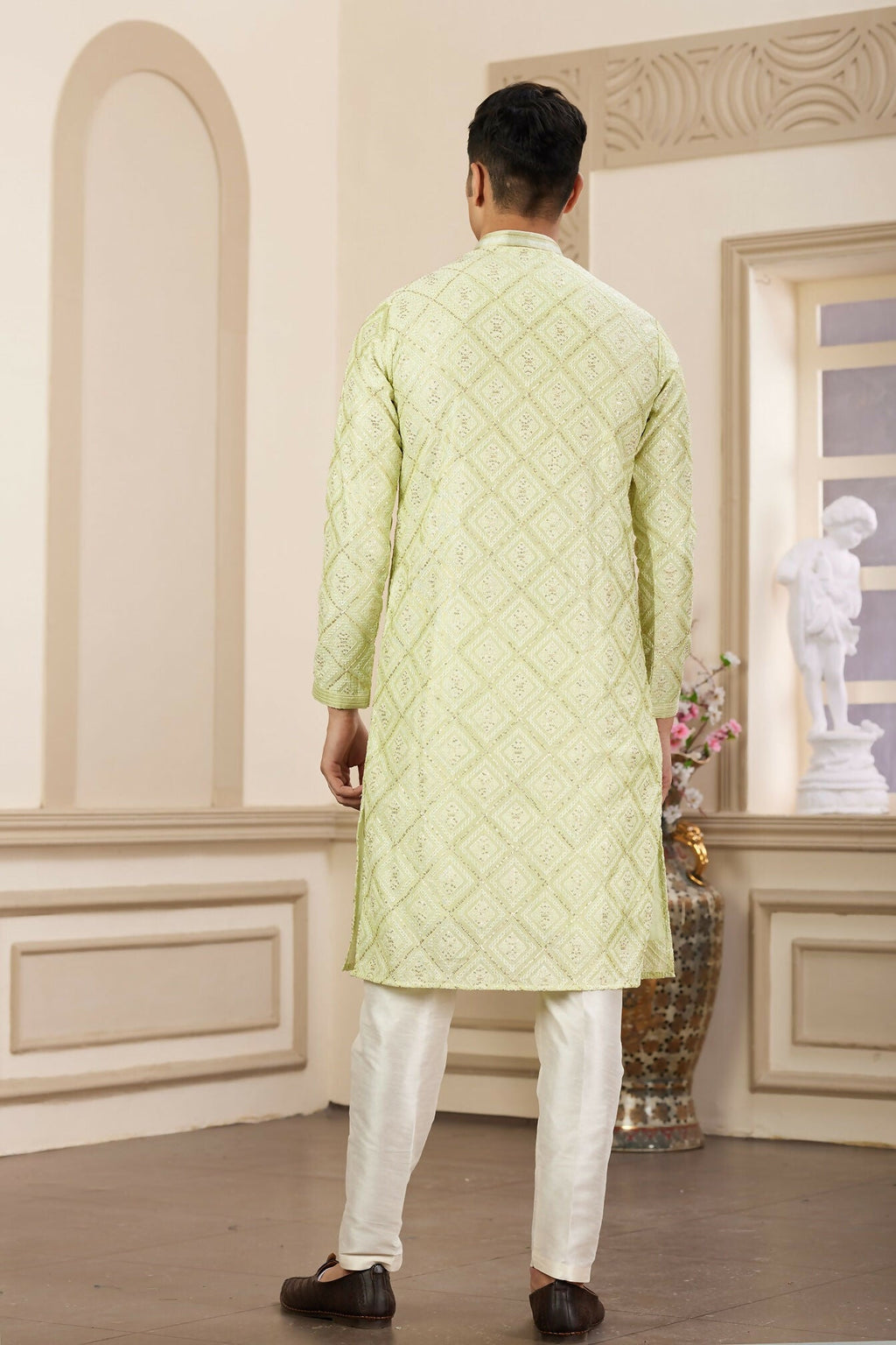 Raivat Ethnic Men's Art Silk Thread Work Kurta Pyjama In Green Colour | Grocsy