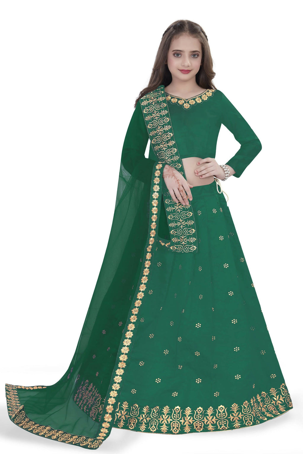 Dwiden Green Queen Tafetta Sattin Semi-Stitched Girl's Lehenga Choli | Grocsy