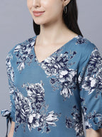 Myshka Women Teal Blue Grey Printed A-line Dress | Grocsy
