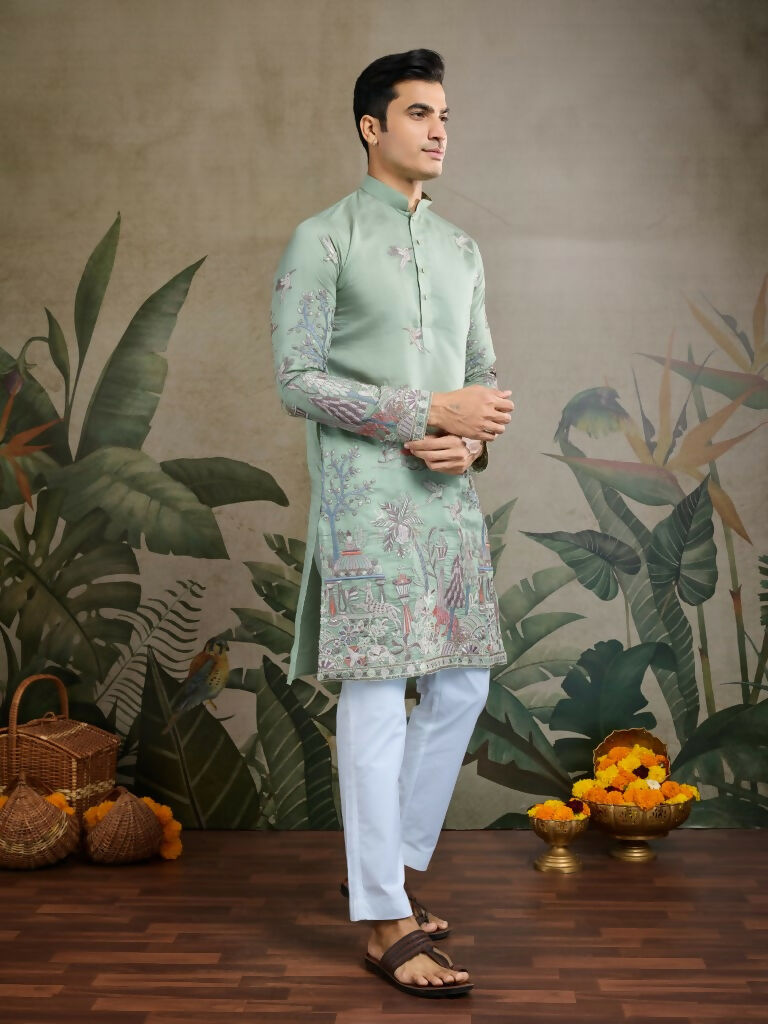 Vastranavya Pista Green Exclusive Festival Wear Viscose Silk Thread & Sequence Embroidered Work Kurta | Grocsy