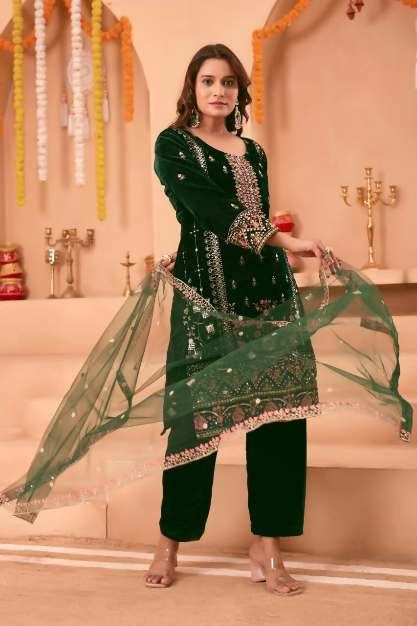 Joban Fashion Green Kurta Set Velvet Embroidery Sequence Work | Grocsy