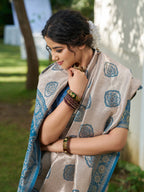 Shree Shyam Fashion Cream With Blue Silk Blend Saree | Grocsy