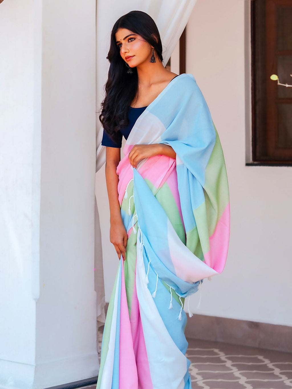Zibaa Hand-Dyed Mul Cotton Multi-color Saree with Tassels | Grocsy
