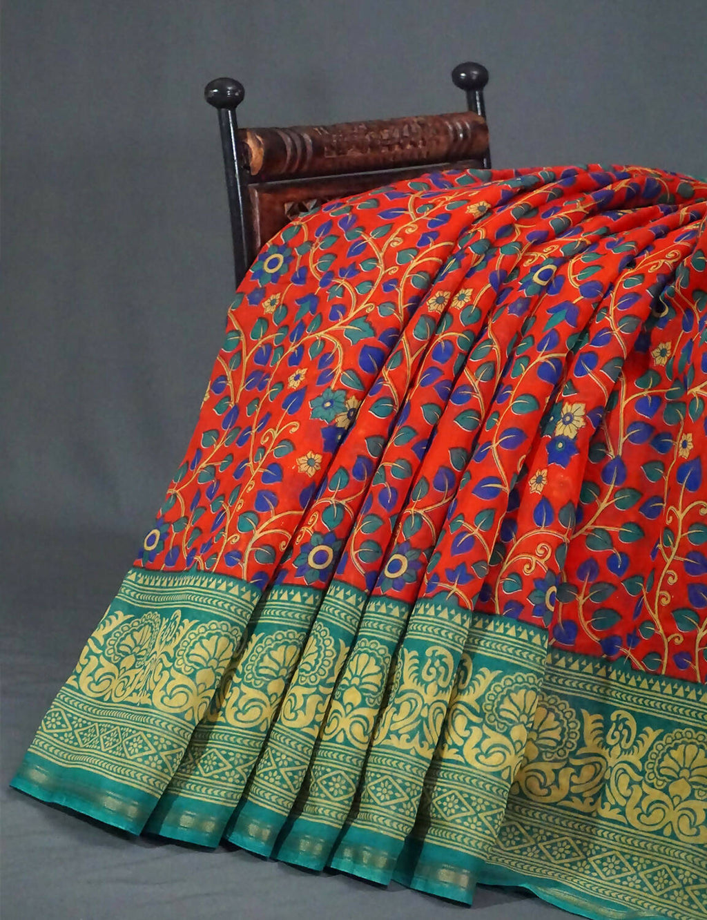 Multi Shades Of Tomato Red Kalamkaari Design Semi Chanderi Saree With Contrast Blouse By Gayathri Reddy Designer Studio | Grocsy