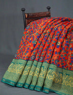 Multi Shades Of Tomato Red Kalamkaari Design Semi Chanderi Saree With Contrast Blouse By Gayathri Reddy Designer Studio | Grocsy