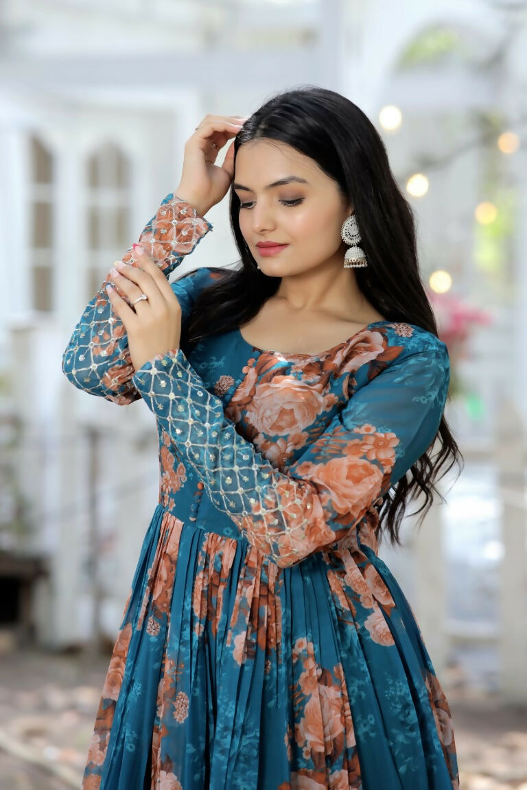 Jyoti Fashion Women's Teal Sequence Zari Embroidered Faux Georgette Anarkali Dress | Grocsy