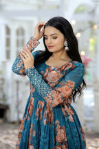 Jyoti Fashion Women's Teal Sequence Zari Embroidered Faux Georgette Anarkali Dress | Grocsy