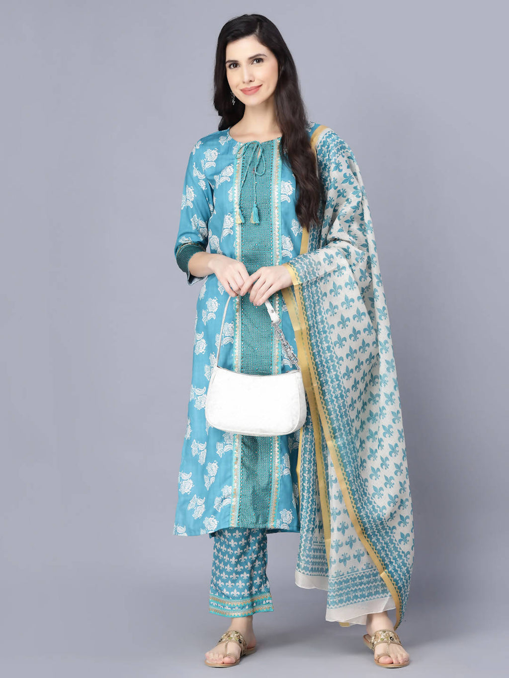Myshka Women Blue Ethnic Motifs Printed Kurta with Trousers With Dupatta | Grocsy