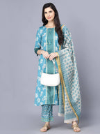 Myshka Women Blue Ethnic Motifs Printed Kurta with Trousers With Dupatta | Grocsy
