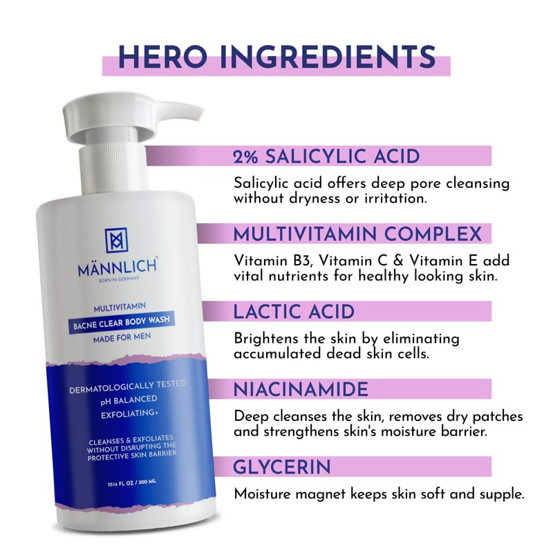 Mannlich 2% Salicylic Acid Body Acne Wash For Men | Grocsy