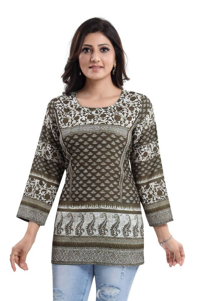 Snehal Creations Admirable Mehendi Green Summer Cool Printed Tunic | Grocsy