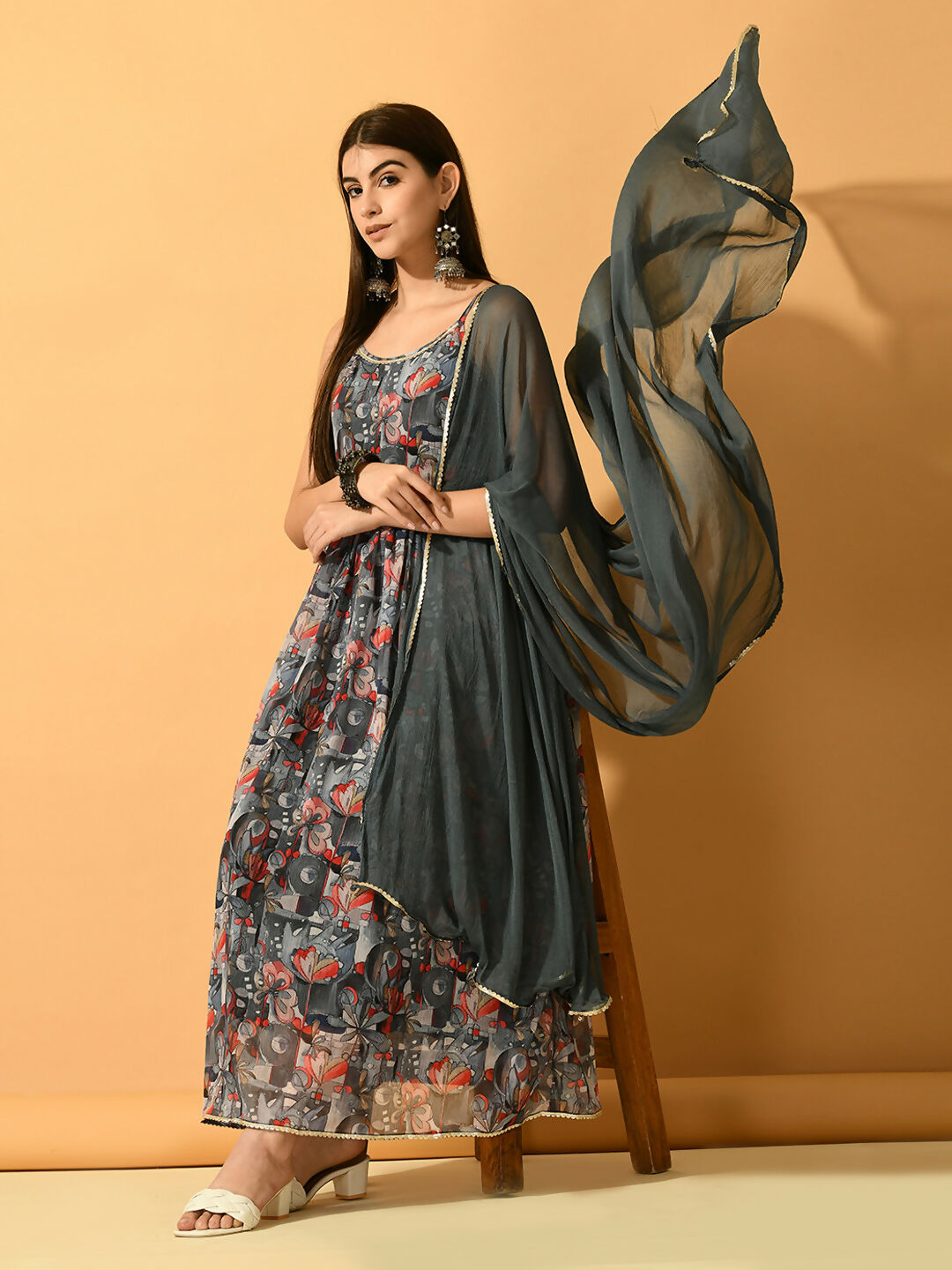 Myshka Women's Grey Festive Flared Anarkali Kurta With Dupatta sets | Grocsy