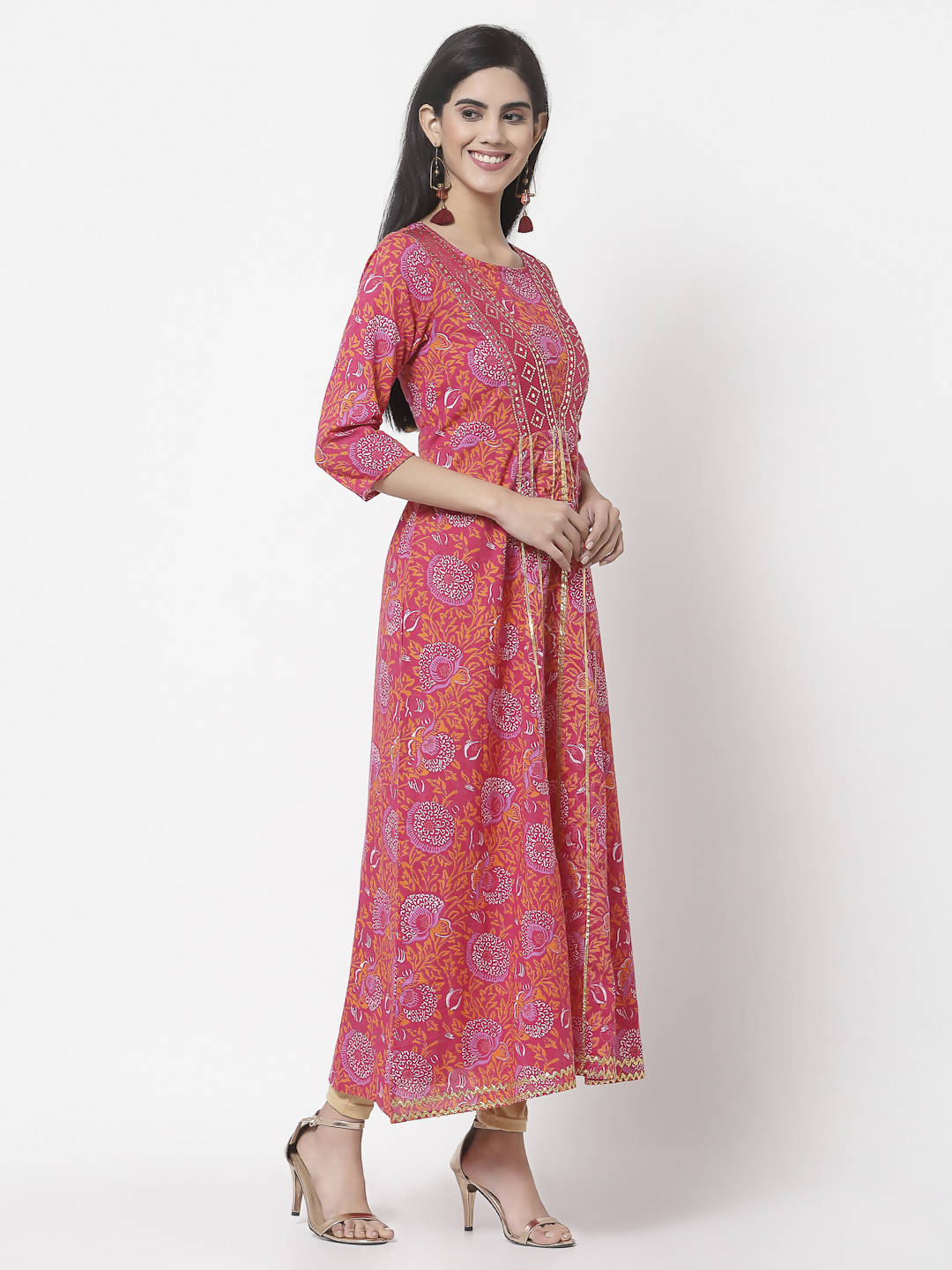Myshka Women's Pure Red Color Cotton Round Neck Printed 3/4 Sleeve Dress | Grocsy