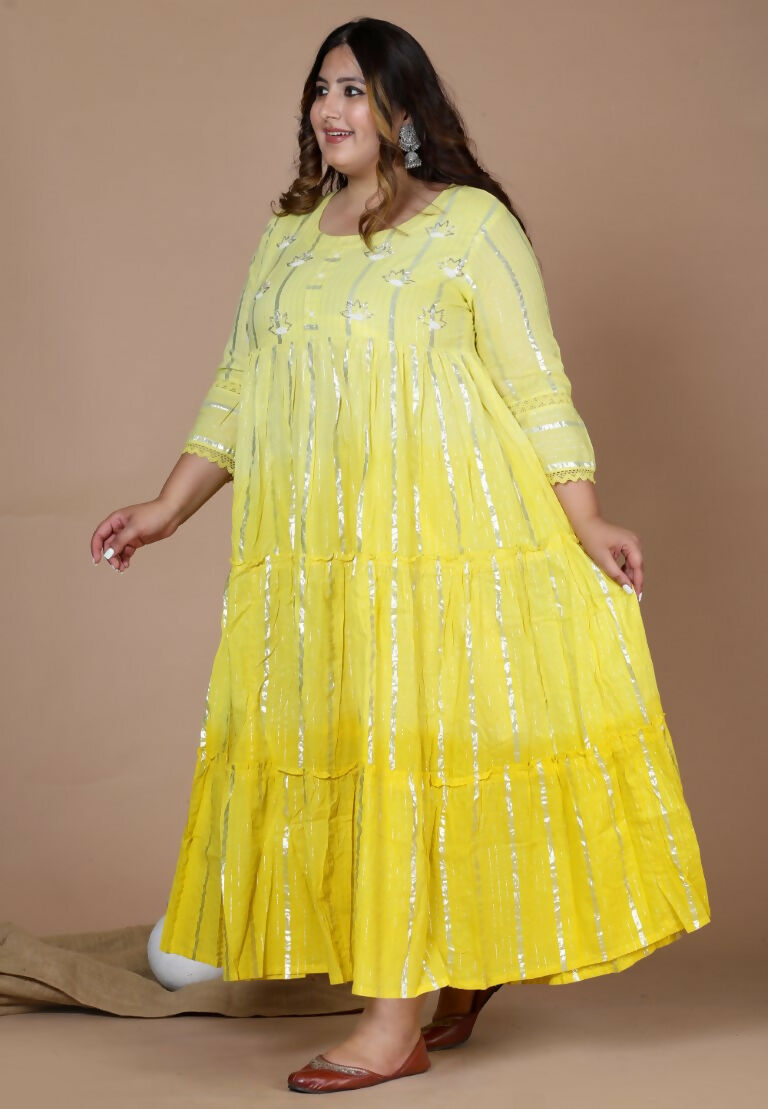 Miravan Women's Plus Size Cotton Embroidery And Lace Work Yellow Party Wear Anarkali Kurta | Grocsy
