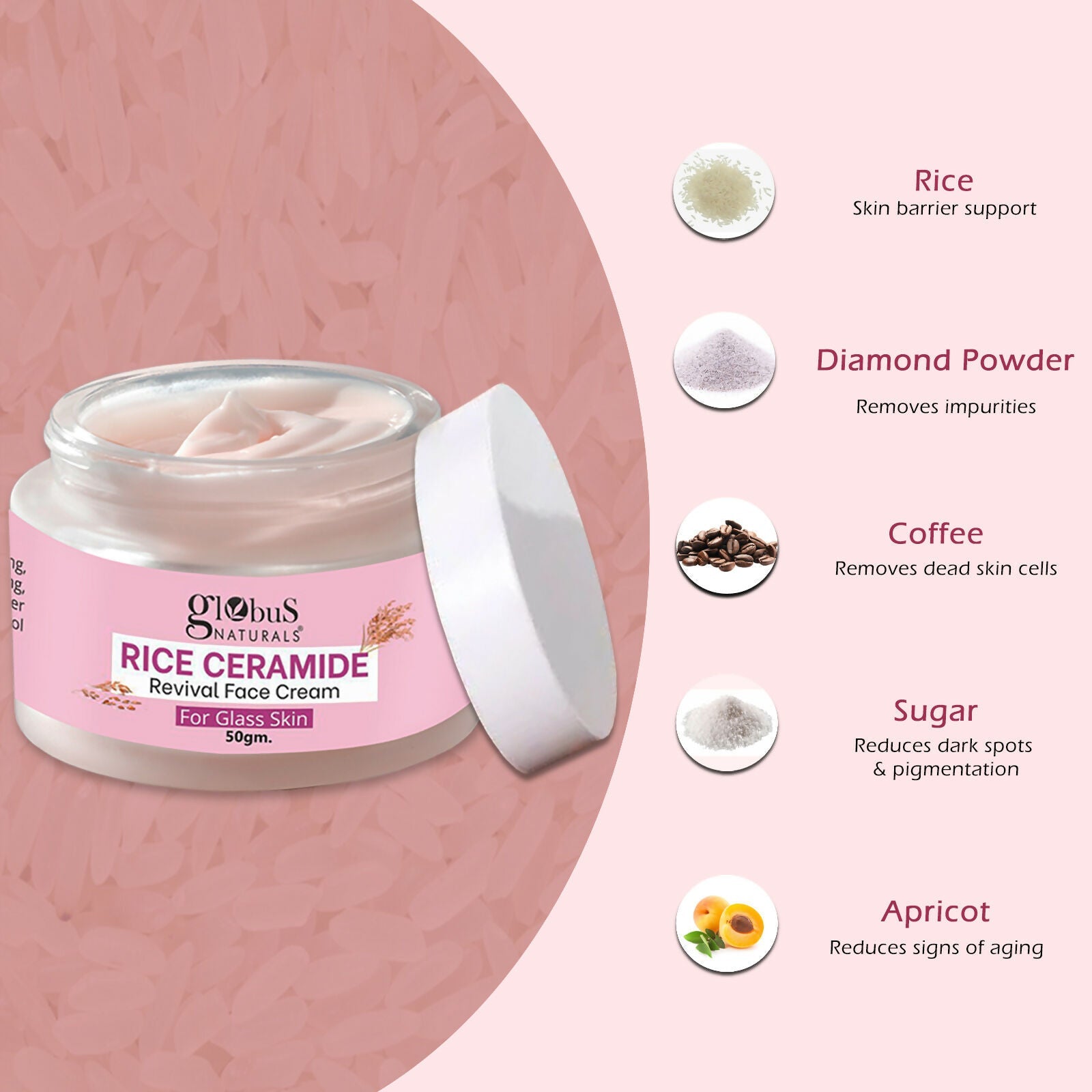 Globus Naturals Rice Ceramide Revival Face Cream, For Korean Glass Skin | Grocsy