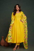 Aayaa Viscose Organza Dyeable Hand Painted Suit - Lemon Yellow | Grocsy