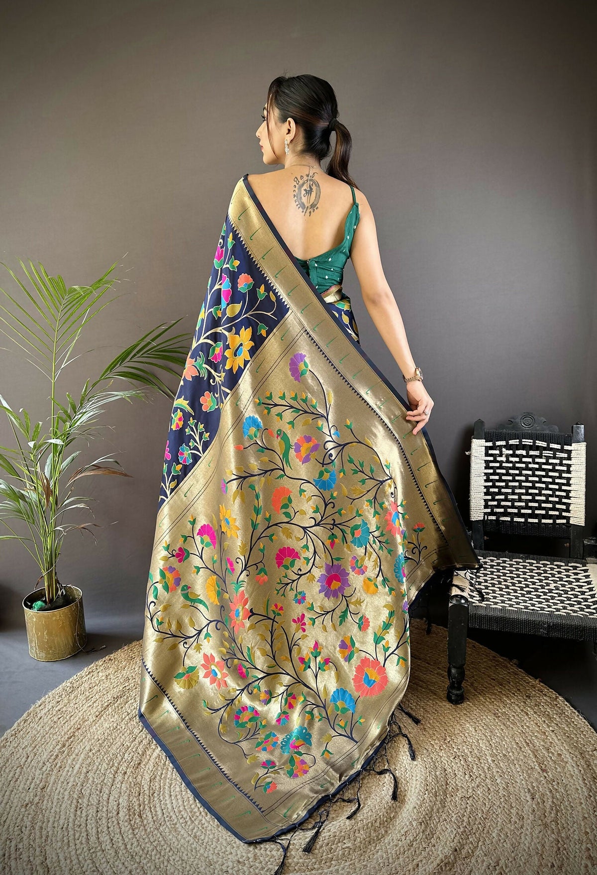 Joban Fashion Navy Blue Zari Woven Floral Motifs Soft Silk Paithani Silk Saree | Grocsy