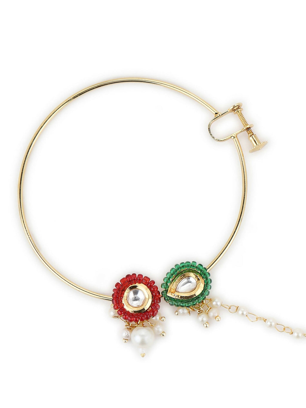 Gold-Polished White Red Stone-Studded Pearl Beaded Nosepin - Ruby Raang | Grocsy