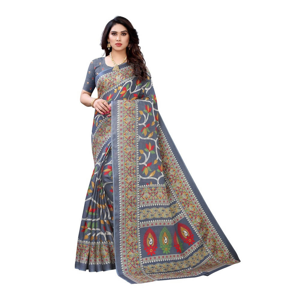 Vamika Printed Jute Silk Grey Saree (Rishika Grey) | Grocsy
