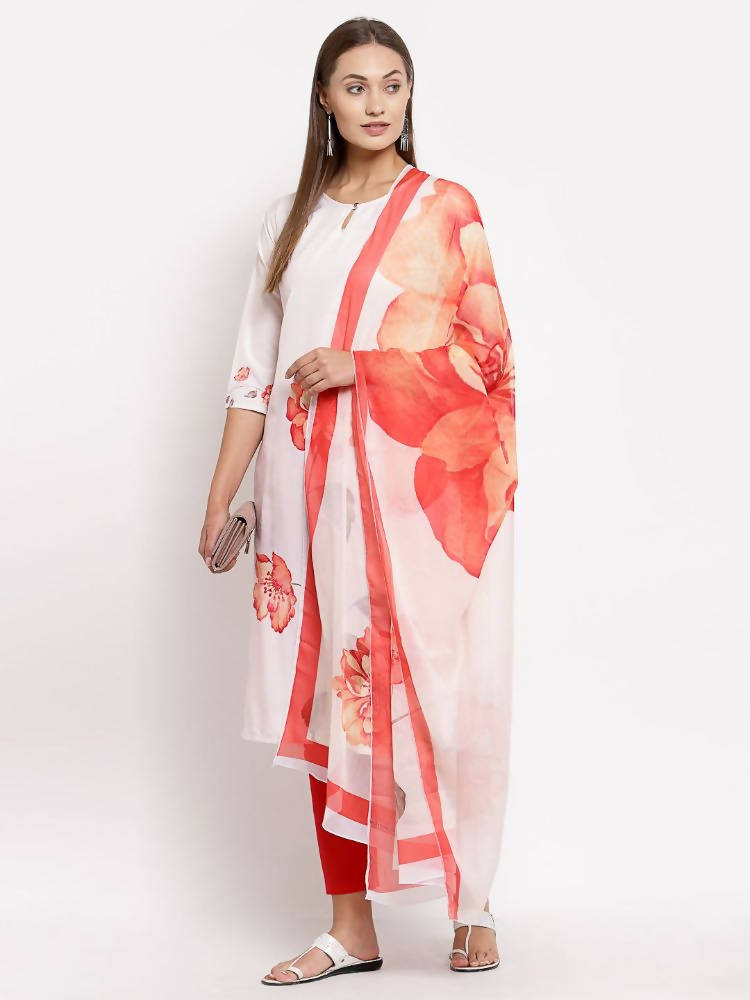 Myshka Women's White Printed Cotton Printed 3/4 Sleeve Round Neck Casual Kurta Pant Dupatta Set | Grocsy