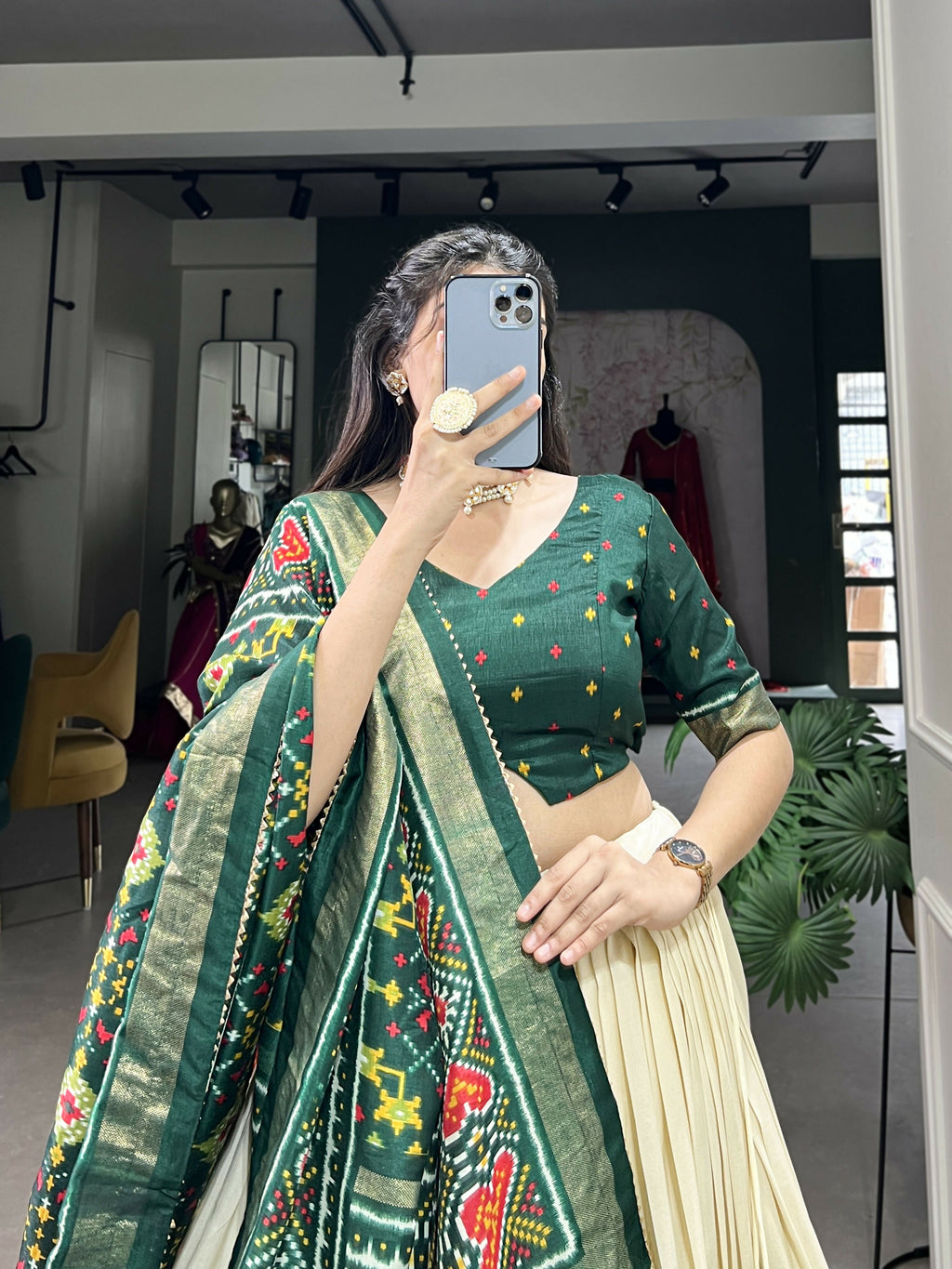 Lorenvalley Offwhite and Green Tussar Silk Patola Print Lehenga Choli | Grocsy