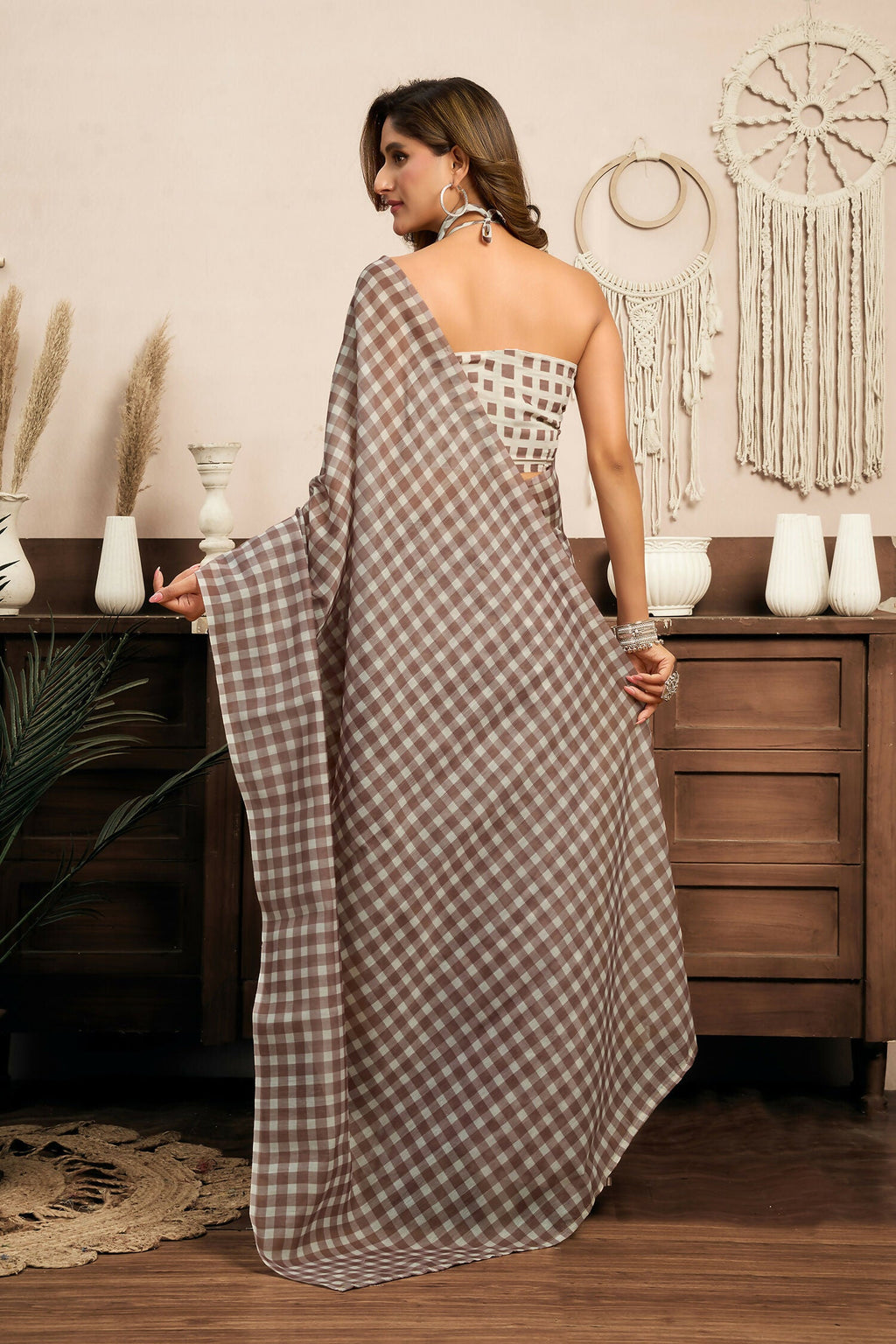 Joban Fashion Beige Checked Linen Ready To Wear Saree With Unstitched Blouse | Grocsy