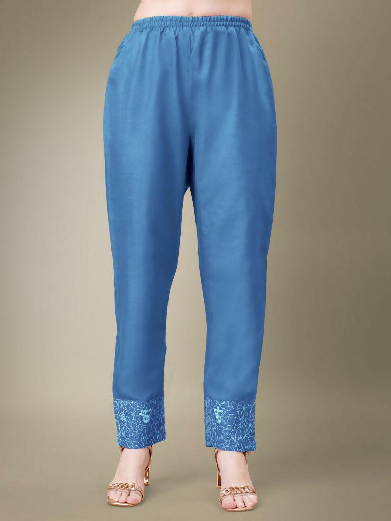 Jyoti Fashion Women's Sky Blue Cotton Blend Embroidery & Fancy Lace work Kurta with Trouser & Dupatta | Grocsy