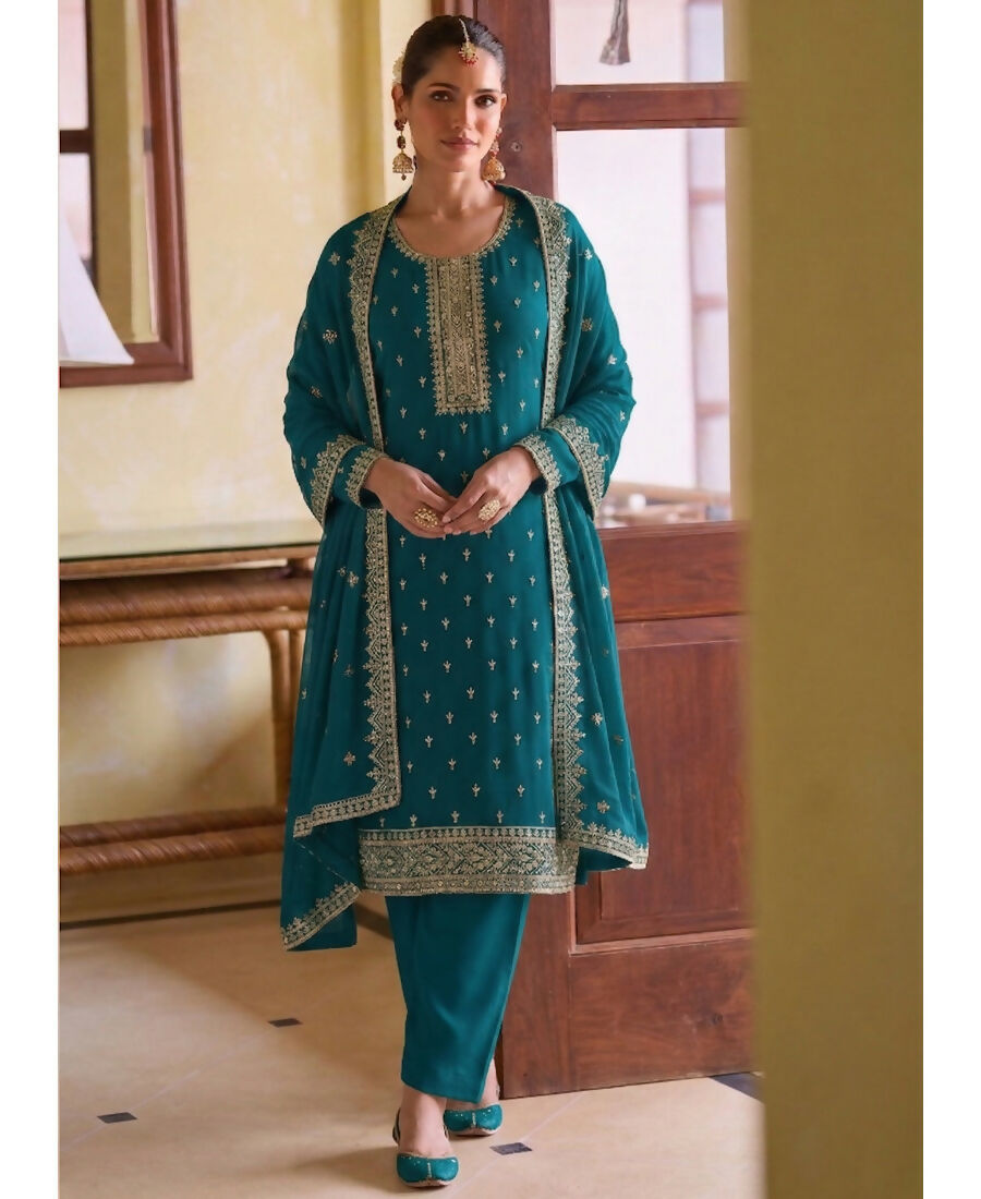 KC Aqua Blue Georgette Straight Suit With Heavy Embroidery | Grocsy