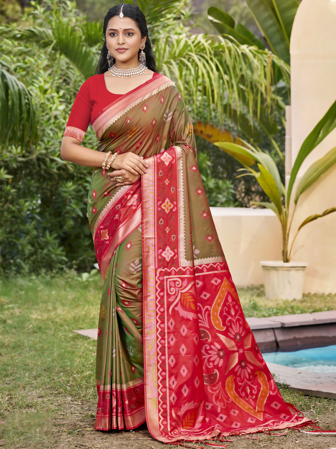 Shree Shyam Fashion Mehndi Pochampally Silk Saree | Grocsy