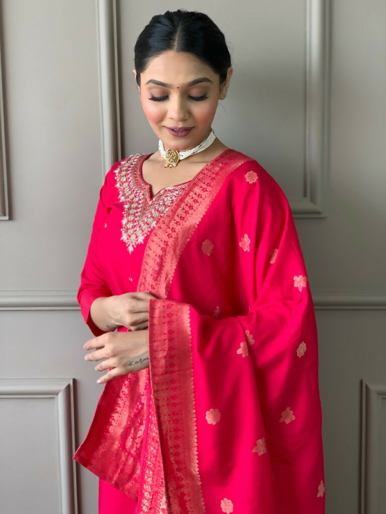 Partywear Designer Viscos Chanderi Red Stitched Suit With Dupatta - Tanisha | Grocsy