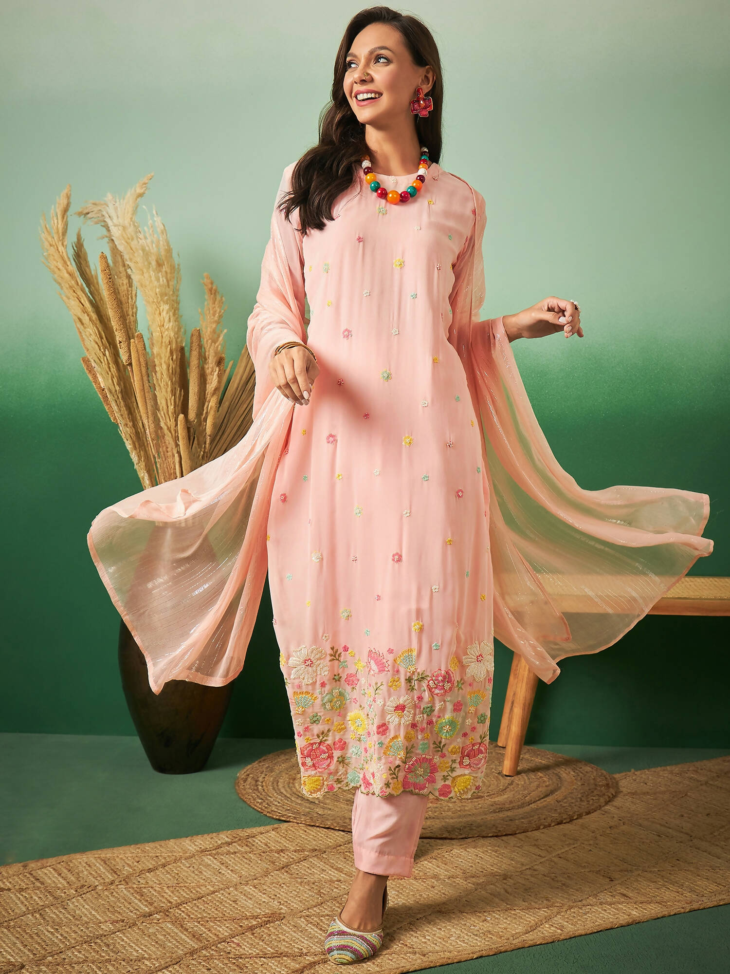 Peach Georgette Handwork Unstitched Dress Material - Hanika | Grocsy