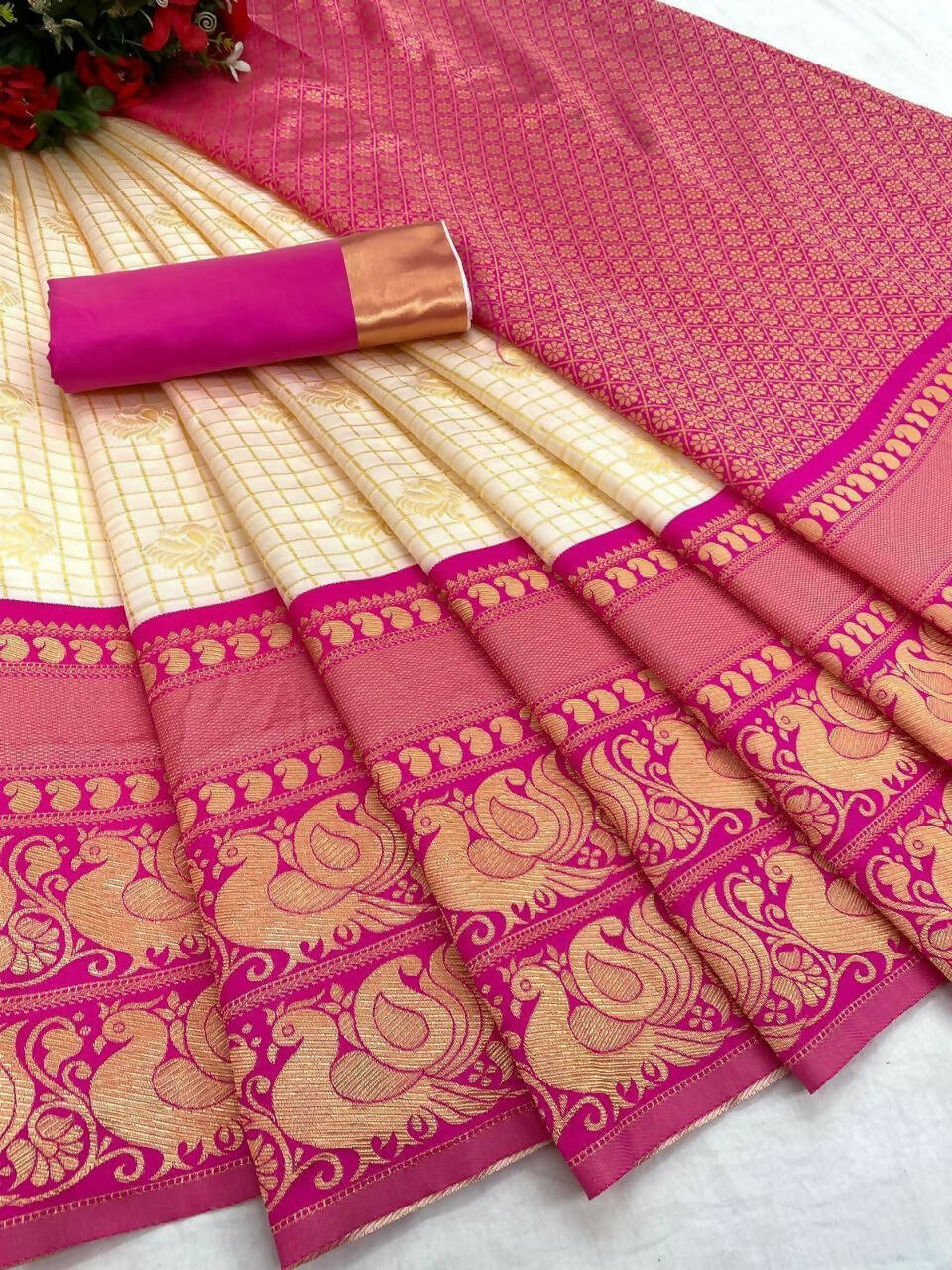 DEIANA'S Beautiful Designer Golden zari Soft Lichi Silk Saree - White | Grocsy