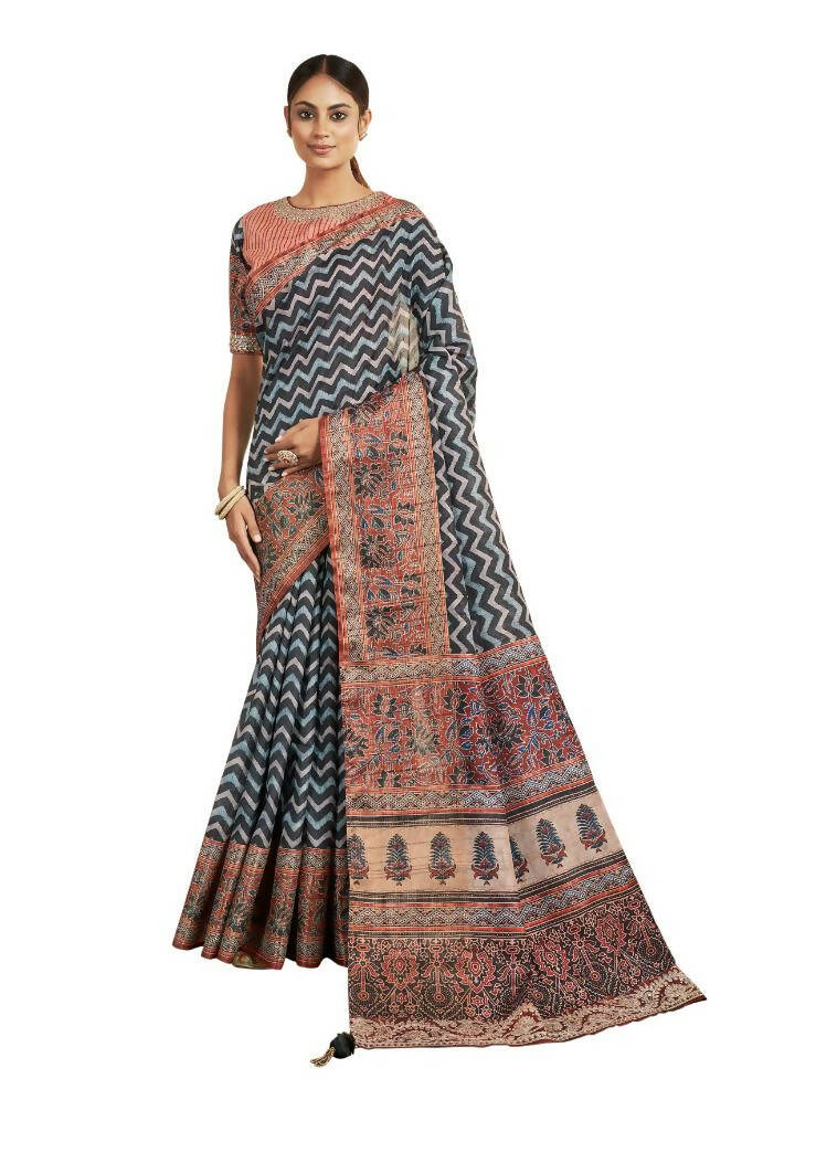 Blue Bhagalpuri Silk Stripe printed with Stone Work & Hand Work Saree - Norita Nirvi | Grocsy