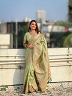 Pista Pashmina Silk Wevon Kashmiri Meenakari Designer Saree with Unstitched Blouse - Vandini | Grocsy
