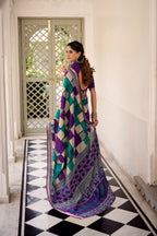 Vastranavya Purple Viscose Chanderi Printed with Temple Border Saree & Unstitched Blouse | Grocsy